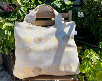 Large Boho tote bag, Handmade Fabric bag, Beach bag with golden circles, Large beige shopper bag