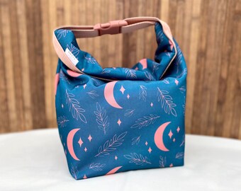 Roll top lunch box. Sustainable lunch bag. Boho moon lunch bag. Office lunch bag. Adult lunch bag