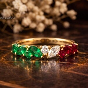 Marquise Emerald Ruby Wedding Ring Gold Moissanite Engagement Multi Gemstone Eternity Band Italian Flag Promise Gift for Her Statement Ring