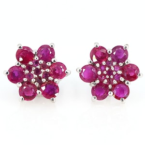 Flower Style 925 Sterling Silver Ruby Studs, July Birthstone Earrings, Round Cut Stone, Christmas Sale, Cyber Sale, Love Earrings For Her