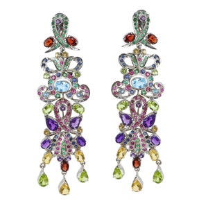 Estilo único - Piedra preciosa de corte múltiple - Pendientes de diseño - Pendiente de piedras preciosas múltiples - Joyería de plata pura 925 - Pendientes largos - Joyería de mujer