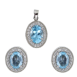 Blauwe Topaas CZ Sieraden Set ~ Zwitserse Blauwe Topaas Studs & Hanger ~ 925 Zilveren Ketting en Oorbellen Set ~ November Birthstone ~ Verlovingscadeau