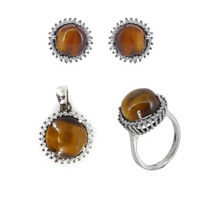 Natuurlijke Tiger Eye Diamond Zilveren Sieraden | 925 Sterling Zilver | Sieraden set voor vrouwen | Cadeau voor haar | Handgemaakte bruiloft sieraden cadeau