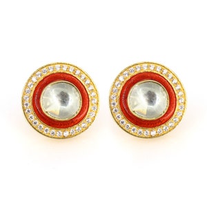 Flat cut Kundan Polki Stud Earrings, Round Shape Big Size Studs, 925 Silver Gold Plated Jewelry, Ladies Earrings, Valentine Gift For Her