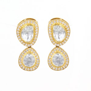 925 Sterling Silver, Drop Earrings, Flat cut Kundan Polki Earrings, Traditional Jewelry, Fancy cut Earrings, Gold Plated Indian Jewelry