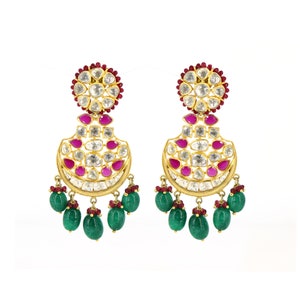 Pendientes Kundan Polki, pendientes de piedra verde y roja, plata pura 925, pendientes chapados en oro mate, pendientes indios, joyería tradicional Vermeil