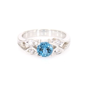 Art Deco Stil, Blaues Topas Diamant Ehering, Reines 925 Silber, Zirkonia Ring, Rundschliff Topas Edelstein, November Geburtsstein Ring