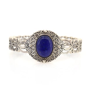 Lapis Lazuli Gemstone Silver Bangle, 925 Sterling Silver, Filigree Design, Handcrafted Jewelry, Antique Style, Old Style Vintage Jewellery