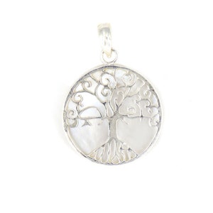 925 Silver Mother of Pearl Pendant, Tree of Life & Eye Design Filigree Necklace, Symbol of Growth, Modern | Perfect Gift For Her