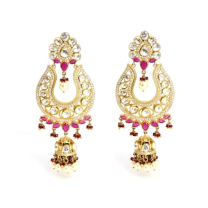 Pendientes de declaración / Kundan Polki Chandbali / Pendientes de perlas de piedra roja / Pendientes tradicionales indios / Joyería india / Joyería de boda india