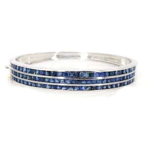 Unique Style, Princess cut Gemstone Studded Bangle, Natural Blue Sapphire Gemstone Bangle, 925 Sterling Silver, Fashion Jewelry