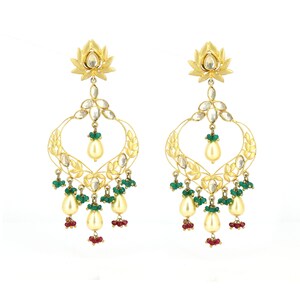 Kundan Polki, Culture Pearl, Green and Red Stone Earrings, 925 Silver Gold Plated, Drop & Dangle Earrings, Indian Earring, Statement Jewelry