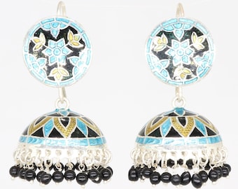 Indian Jewellery, Enamel Jhumkas, Big Size Dangling Earrings, 925 Silver Sterling Earrings, Tribal Earrings, Handmade Multi Colour Earring