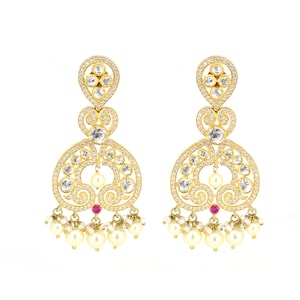 Hermoso pendiente de boda, pendiente de declaración, plata chapada en oro 925, pendiente de kundan polki y perlas de corte plano, pendientes colgantes, joyas nupciales
