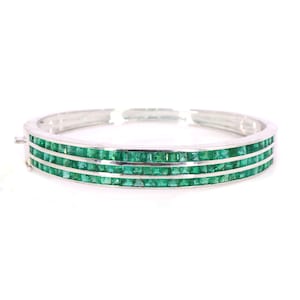 Natural Emerald Gemstone Studded Silver Bangle, 3 Layer Design Bangle, 925 Sterling Silver, Handmade Jewelry, Mothers Day Gift