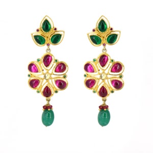 Green & Pink Color Stone Earrings, Flat cut Polki Earrings, 925 Pure Silver, Gold Plated Indian Earrings, Drop and Dangle Earrings