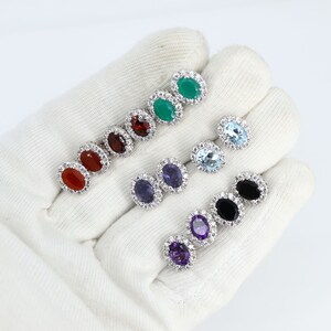 Semi Precious Gemstone Cubic Zirconia 925 Silver Stud Earrings, 12 mm Studs, Green Onyx Blue Topaz Black Onyx Amethyst Iolite Studs