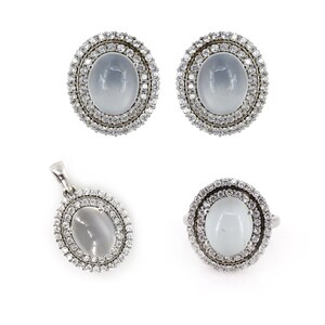 Doublet CZ Diamond Moonstone Jewelry Set, 925 Sterling zilveren sieraden, maansteen oorbellen, ringen en hanger, huwelijkscadeau voor haar