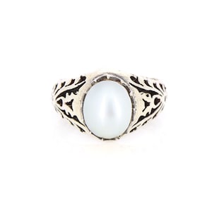 Perlenring, 925 Sterling Silber Ring, Oval geschliffener Perlen Edelstein, Filigranes Design, Unisex Ring, weißer Farbstein, handgefertigtes Design
