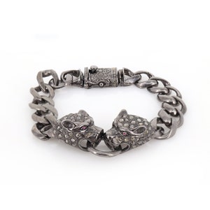 Bracelet Silver Panther, Bracelet en argent sterling 925, Bracelet Panther avec pierre de couleur rose et diamant naturel, Bijoux faits à la main