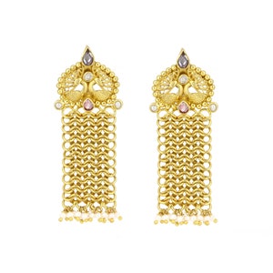 Flat cut Uneven Kundan Polki Earring, Peacock Design Earring, Pure 925 Silver Gold Plated Jewelry, Twisted Wire Design Pearl Earring