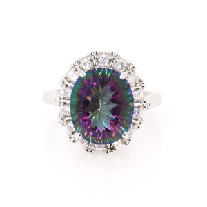 Mystischer Topas Ring / Halo Ring / Feuer Regenbogen Topas Edelstein / 925 Silber / Verlobungsring / Ovalschliff / Rund CZ Diamant Schmuck