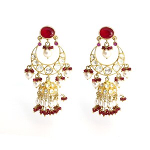 Roter Stein Ohrring ~ 925 Silber ~ Matt vergoldet ~ Flach geschnittene unebene Kundan Polki Ohrringe ~ Indischer Schmuck ~ Chandbali Jhumka Ohrringe