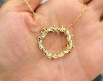 18k gold vermeil Crown of Thorn 925+18k Gold Sterling Silver Necklace Religious Gift Wife Mom Friend Prayer Birthday Love God