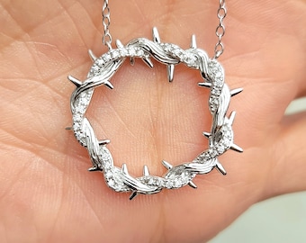 18K Platinum Vermeil Crown of Thorn 925+Platinum & Sterling Silver Necklace Handmade Holy Bible Gift Box