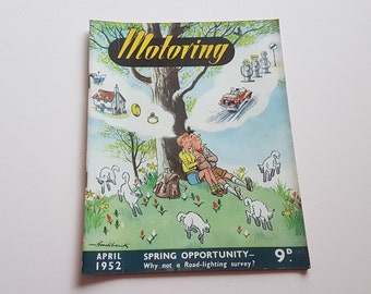 vintage car, motoring magazine, motoring, from april 1952. cover illustration featuring a couple
