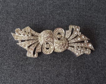 antique art deco style duette brooch, dress clips. silver tone, paste, rhinestone diamante, sparkling