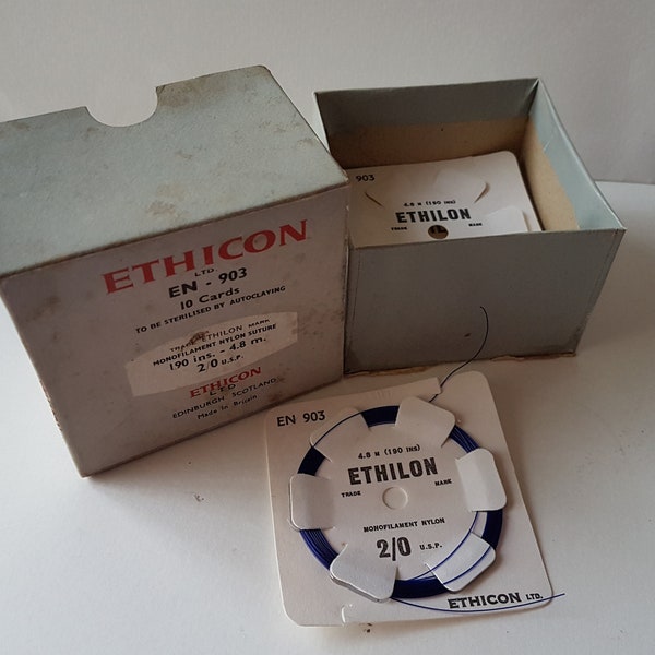 pack of 1930s ethicon monofilament nylon suture, vintage medical collectable