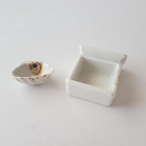 May include: Two small, white ceramic containers on a white surface. One is a small, shell-shaped dish with brown accents. The other is a square container with a raised edge. Both have a rustic, handmade appearance.