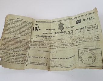 vintage wireless telegraph licence, 1938, uk, ephemera, scrapbooking