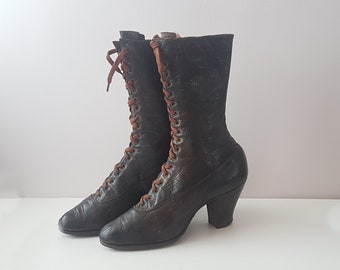 antique Edwardian ankle boots, brown leather, display, prop