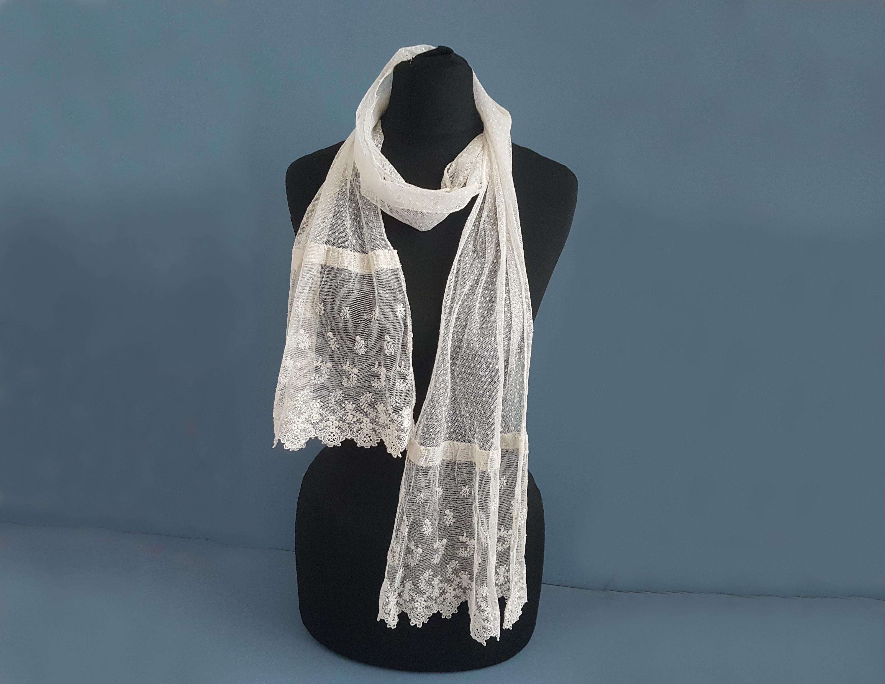 antique long tambor lace and embroidery scarf, jabot, sash