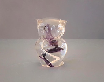 vintage glass owl paperweight, selkirk glass, clear and purple swirl