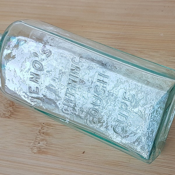 antique Victorian aqua glass bottle, veno's cough cure/ syrup bottle,  square Antique glassware with cork,