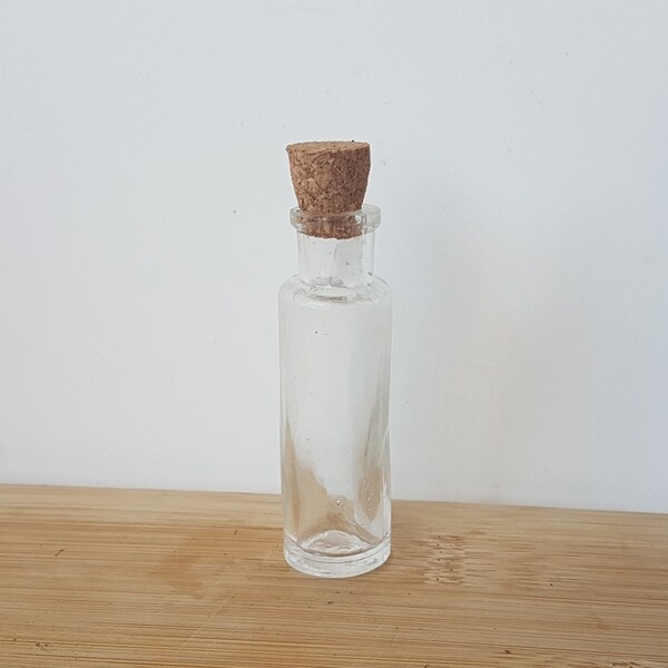 antique Victorian small round glass bottle, with cork . Antique glassware, display, collectible, home decor, vintage prop.