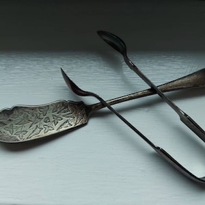 Vintage 19th/20th century fish knife and sugar tongs, antique kitchenware, collectible, display, vintage props.