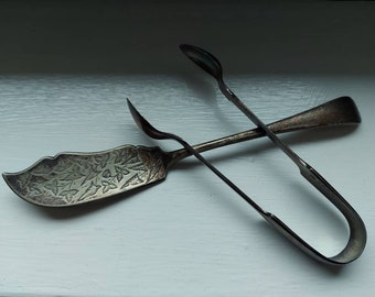 Vintage 19th/20th century fish knife and sugar tongs, antique kitchenware, collectible, display, vintage props.