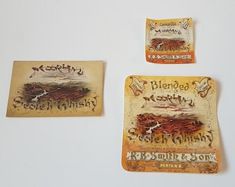 本物のヴィンテージ スコティッシュ ウイスキー ラベル セット、ムーアランド スコッチ ウイスキー、パース、スコットランド