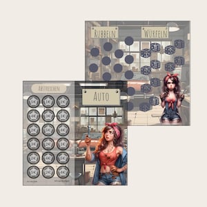 Könnte beinhalten: Illustration eines Spiels mit Mechanik-Thema. Das Bild zeigt zwei Spielbretter, eines mit Kreisen und dem Wort "RUBBELN", das andere mit Würfeln und dem Wort "WÜRFELN". Das Wort "AUTO" ist ebenfalls sichtbar. Die Spielbretter werden von Illustrationen von Frauen begleitet.