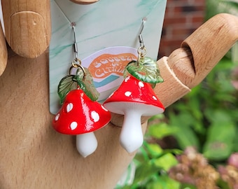 Cottagecore - Rainbow Mushroom with leaves dangle earrings