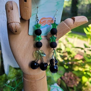 Black and Green cherry goth dangle earrings