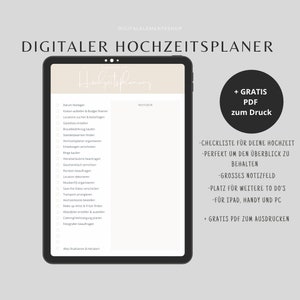 Könnte beinhalten: Ein digitaler Hochzeitsplaner-Checkliste auf einem Tablet-Bildschirm. Die Checkliste enthält Aufgaben wie das Festlegen des Datums, das Finden eines Veranstaltungsortes und das Buchen eines Fotografen. Der Text auf dem Bildschirm lautet "Digitaler Hochzeitsplaner" und "Checkliste für deine Hochzeit".