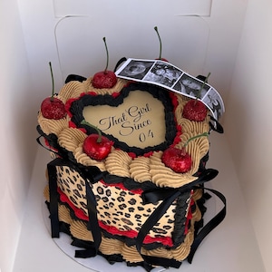 Customizable 6 inch Heart Leooard Fake Cake with Photo Strip, Bows, Glitter Cherries and Lettering-Fake Cake Photography Prop-