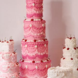 Pink Vintage Style Fake Cake with Cherries Four Teirs 34” Tall -Various Shades of Pink Ready to Ship- Prop Fake Cake Art Decor-Wedding Cake