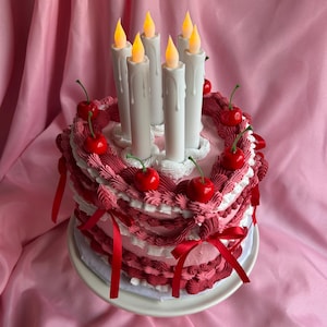 Fake Cake Decor | Vintage Inspired Heart Cake Decor Pink Red White Lamp | Fake Cake With Functional Fake Candle with Remote Control |