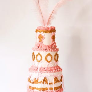 Coquette Fake Cake-Marie Antoinette Inspired Fake Cake-Gold and Pink Detail- Feathers-Bows-Rococo Photoshoot Prop-Fake Cake Decoration